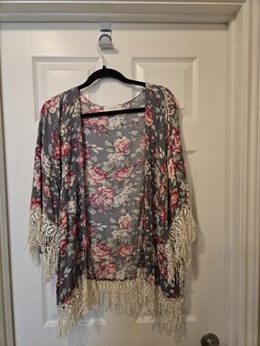Umgee Floral Open-Front Cardigan in Heather Gray and Pink